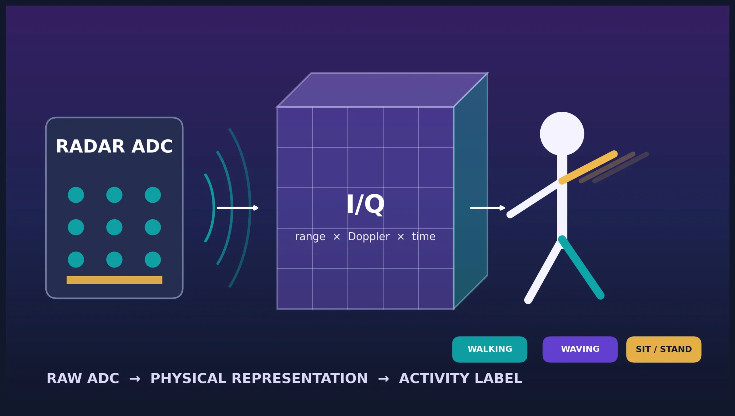 Illustration of raw radar ADC samples becoming a range-Doppler data cube and human activity labels.