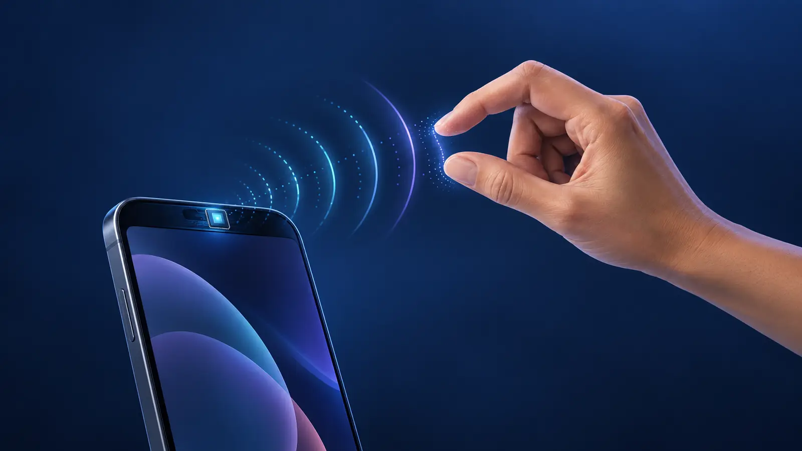 Illustration of a hand making a small pinch gesture above a smartphone containing a miniature radar sensor.