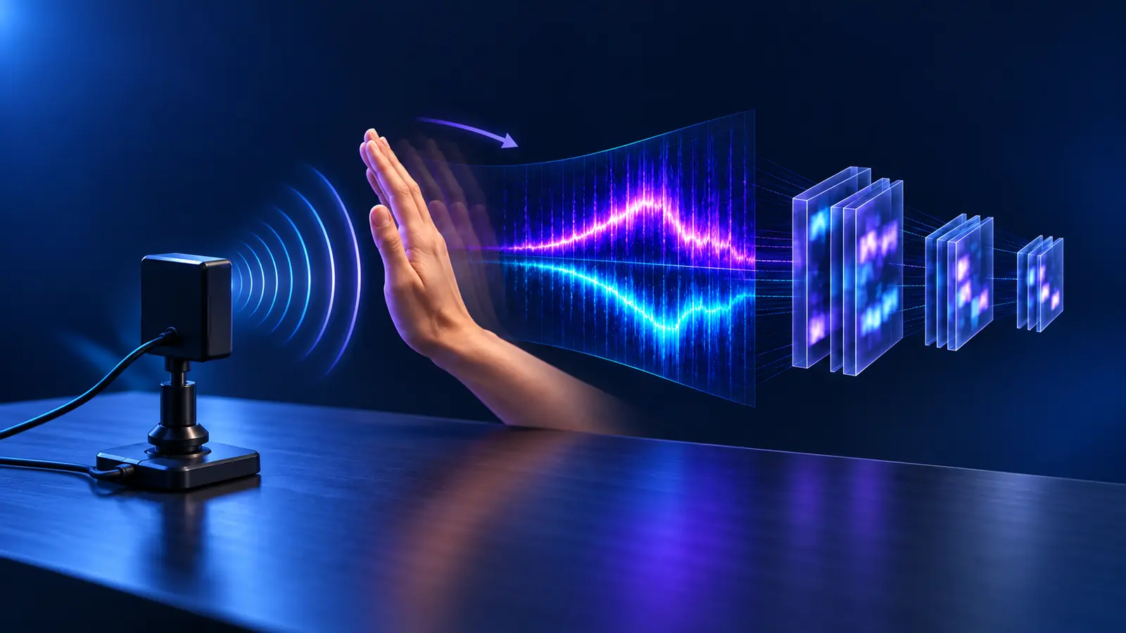Illustration of a hand gesture producing a radar micro-Doppler spectrogram that passes through convolutional neural network layers.