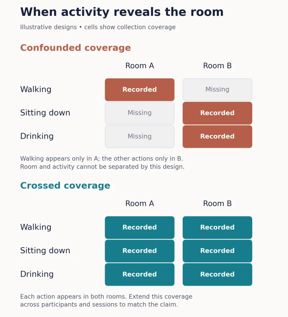 Two coverage matrices compare walking recorded only in Room A and sitting and drinking only in Room B with a crossed design that records every activity in both rooms.