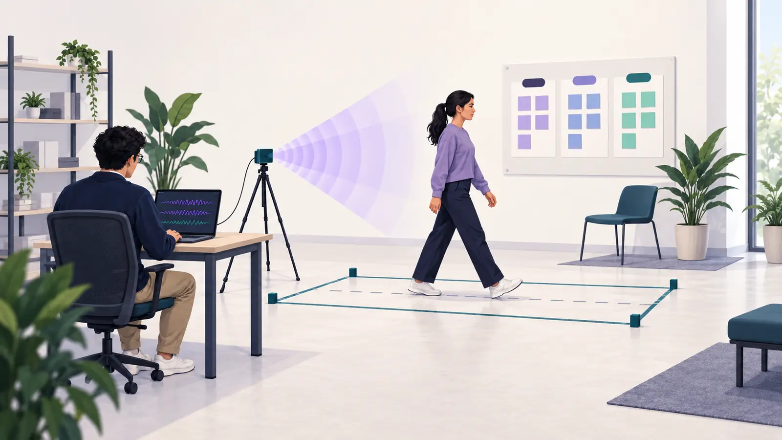 Editorial illustration of a participant walking through a marked area while a tripod-mounted radar records motion and a researcher monitors a laptop.
