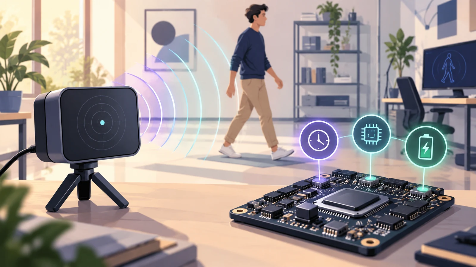 Editorial illustration of a radar sensor observing a walking person beside an embedded board with clock, processor and battery motifs.