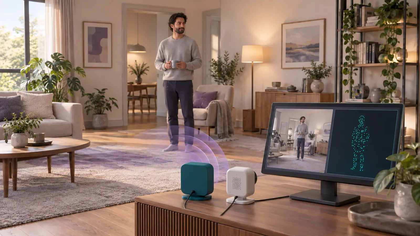 Radar and camera sensors in a living room, with a display comparing a room image and a conceptual radar point cloud.